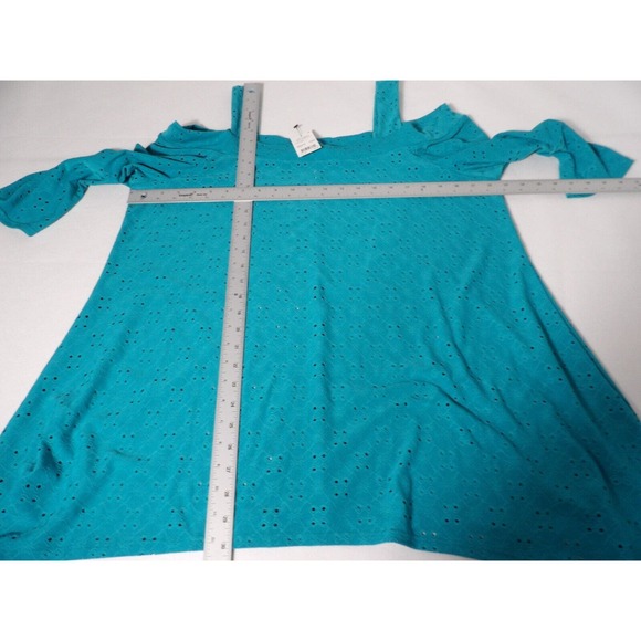 NY Collection Woman 2X Blouse Cold Shoulder Lace Cut Out Teal New Plus Vacay - Picture 9 of 12